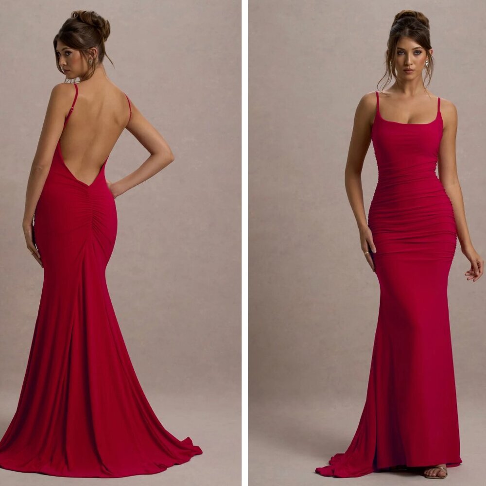 Club L London Adele Backless Ruched Fishtail Cami Maxi Dress Red Scarlet NWT - Picture 5 of 14